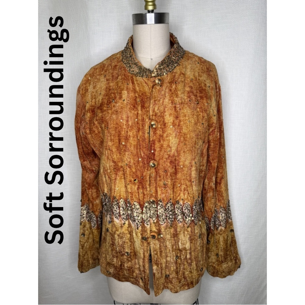 Soft Surroundings Embellished Jacket Size M Boho Beaded Button Front